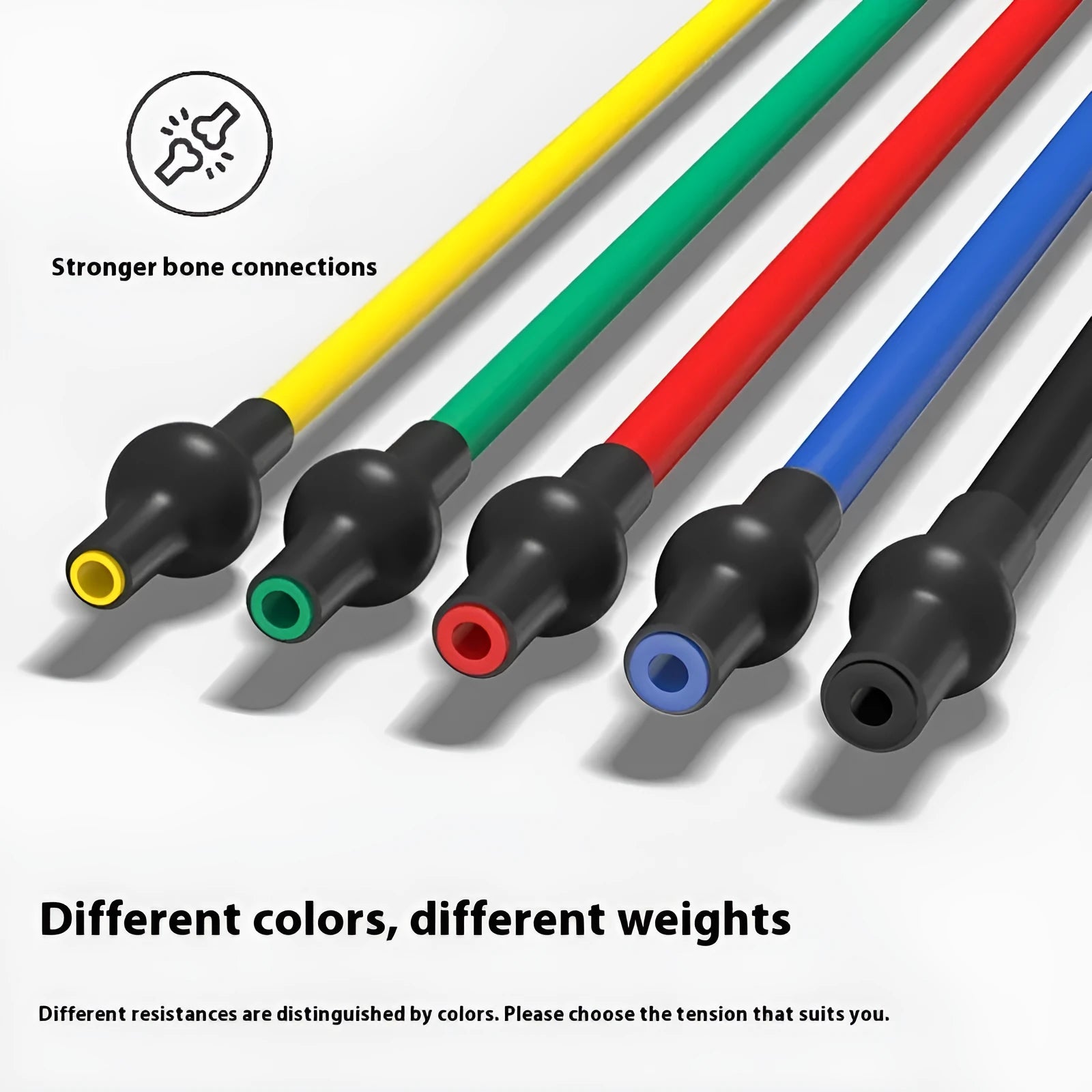 Yellow, green, red, blue, and black TPE chest expander tension rope for adjustable fitness training.