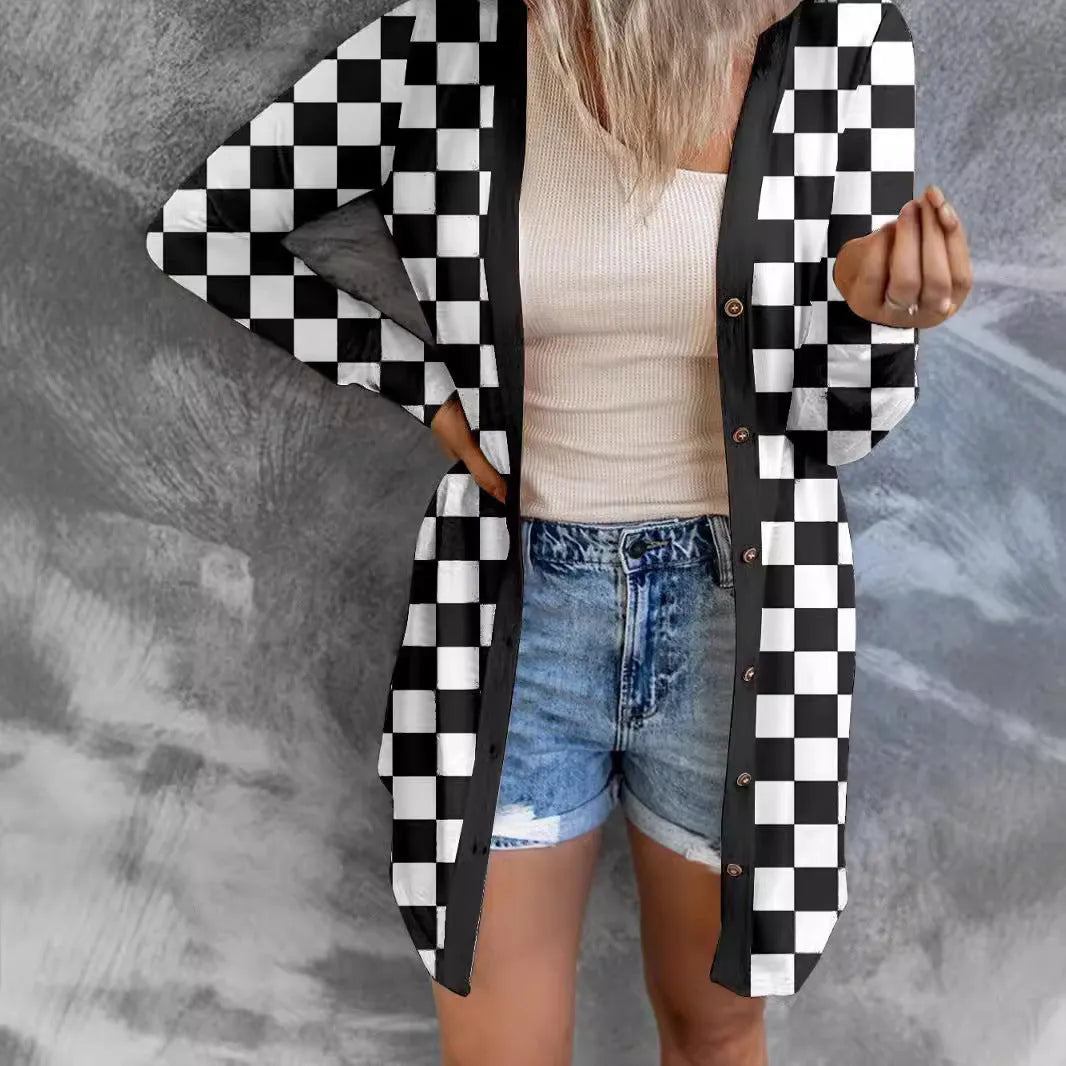 Women's long grey plaid coat cardigan with loose knitted design and regular sleeves