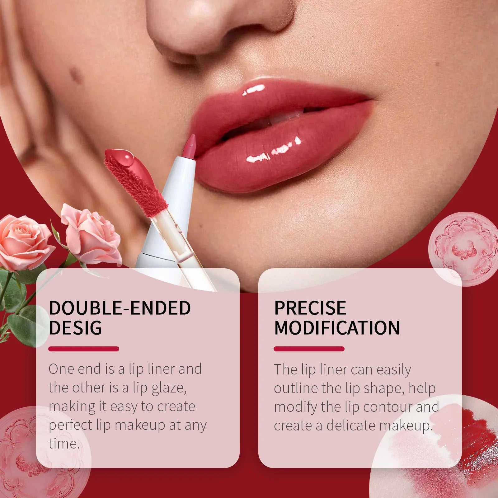Double-headed lip liner and lacquer pen shown in three colour options: Fragrant Attack, Black Coffee Truffle, Oat Almond.