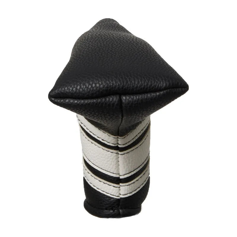 Black PU leather golf club push rod sleeve on a golf club shaft.