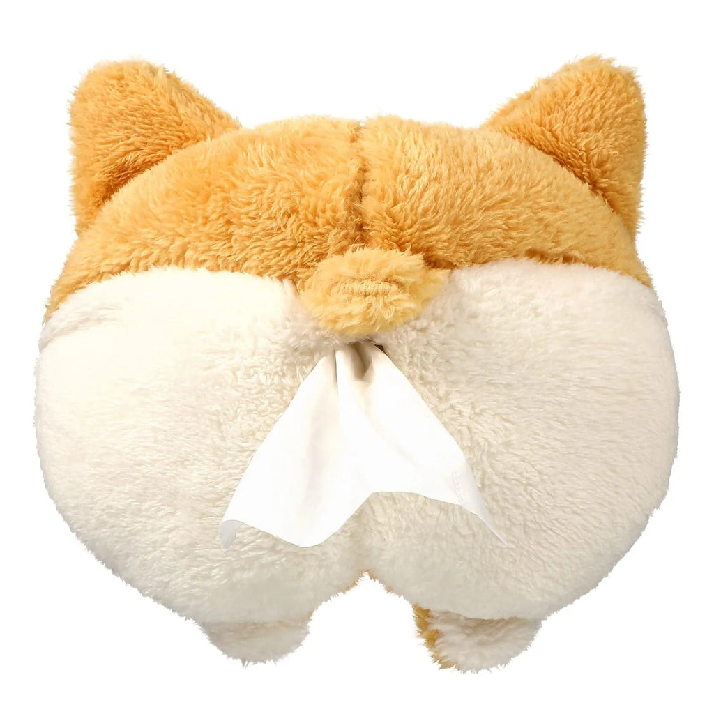 Yellow soft corgi butt shaped tissue box cover with elastic strap for car sun visor.