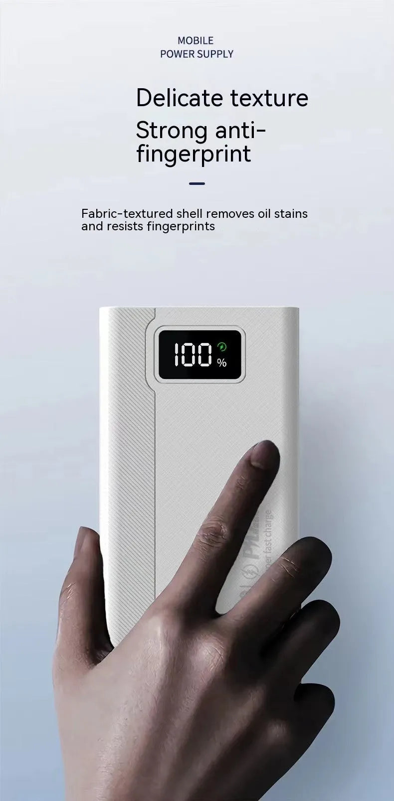 Large black or white power bank showing size comparison and capacity options 20000mAh to 50000mAh.