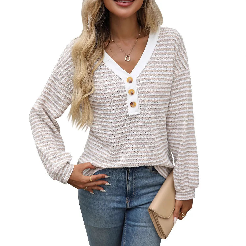 Women's loose-fitting V-neck long-sleeved top with patchwork detail in apricot colour