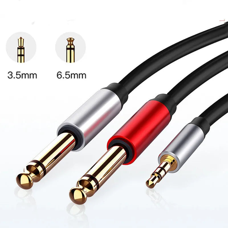 3.5mm to dual 6.5mm male audio cable with gold-plated connectors and black PVC finish