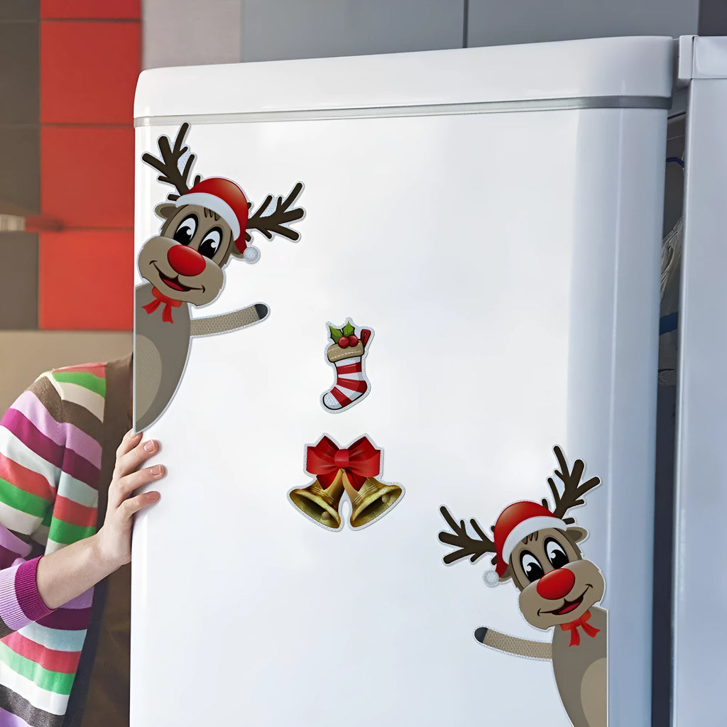Set of magnetic Christmas elk bell cartoon design bumper stickers with reflective luminous finish.