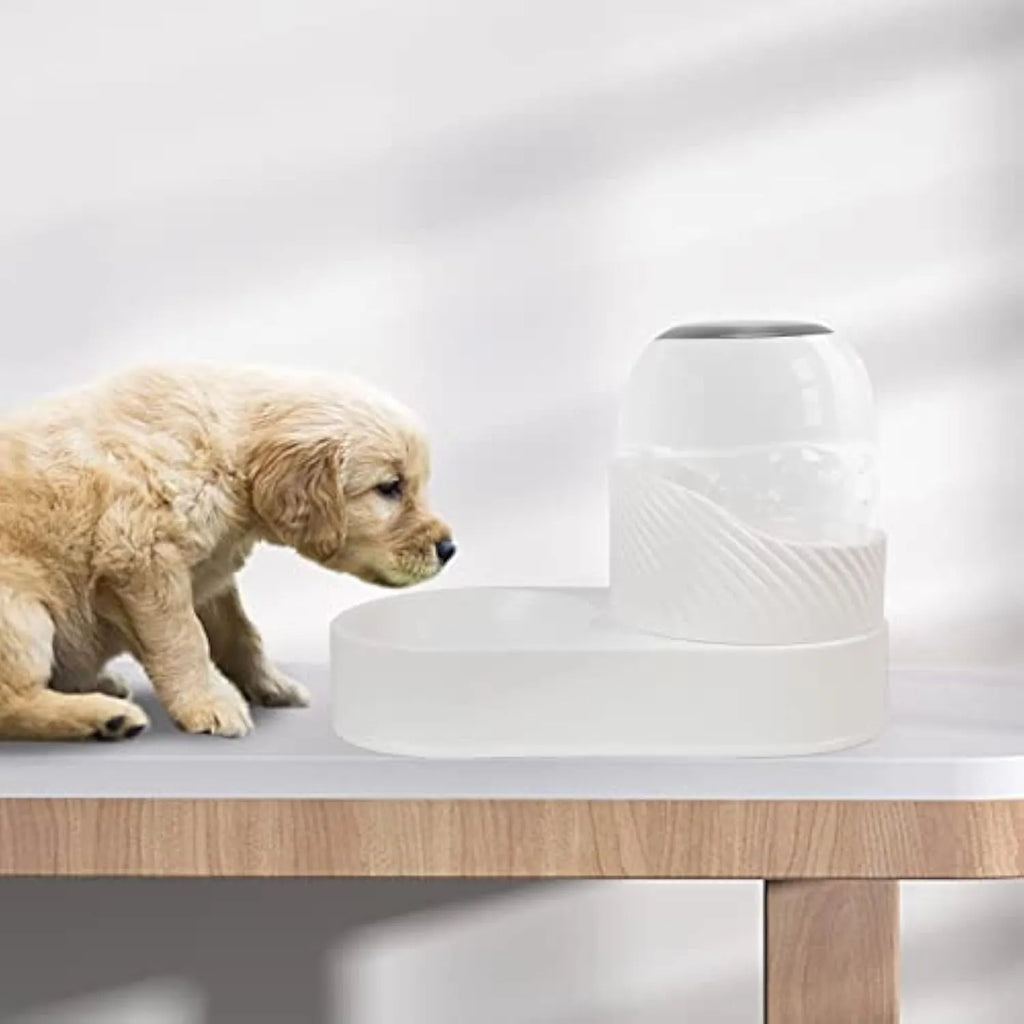 White automatic gravity cat feeder and water dispenser set with wave design shell.