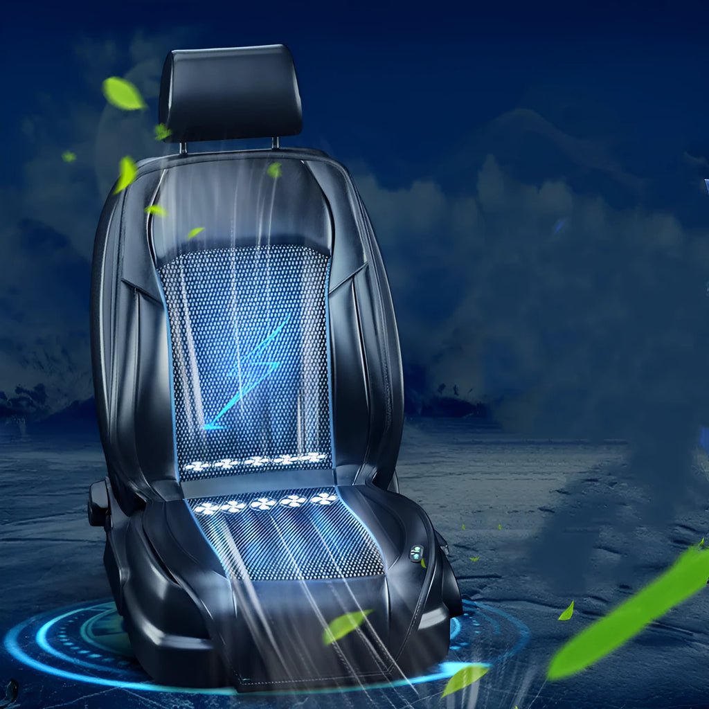 Car seat cushion with ventilation fan system showing multiple colour options and fan configurations