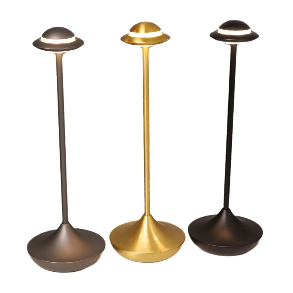 Modern UFO-shaped metal table lamp with touch controls in black, gold, or grey colour options