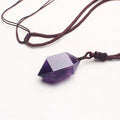 Natural amethyst hexagonal pendant with adjustable chain on purple background