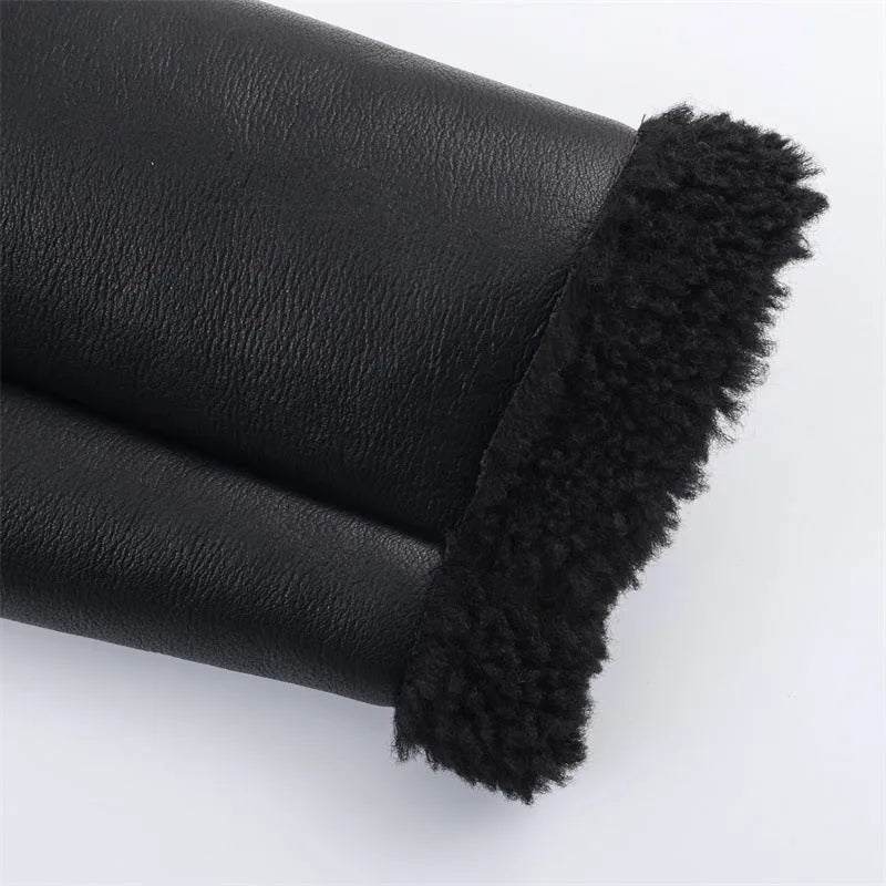 Women's double-sided fleece jacket in black with PU fabric, medium thickness, casual style, size S