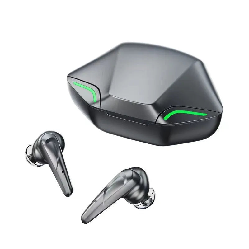Wireless USB gaming headset with charging case in black, shown with different coloured earpiece caps.