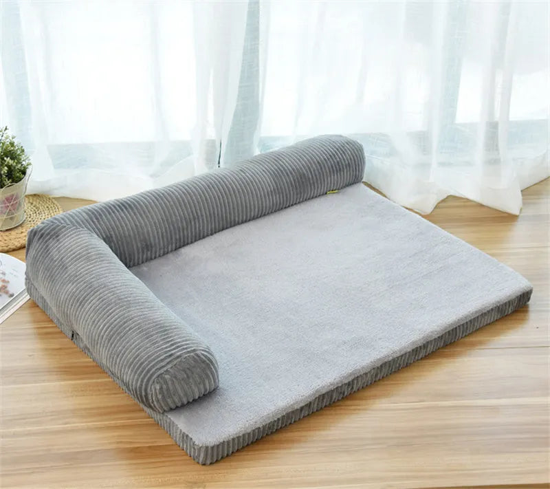 Corduroy dog bed sofa showing coffee colour option with non-slip base and four size variations