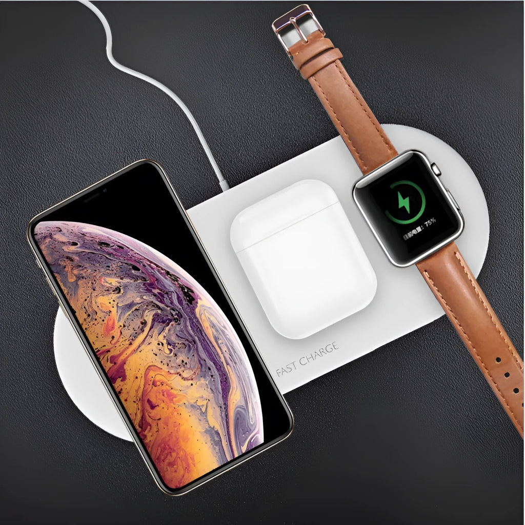 Black three-in-one wireless charging dock for iPhone, Apple Watch and wireless earbuds on a desk