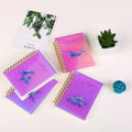 A7 spiral notebook with PP cover showing constellation design, spiral binding, and open page with square inner core