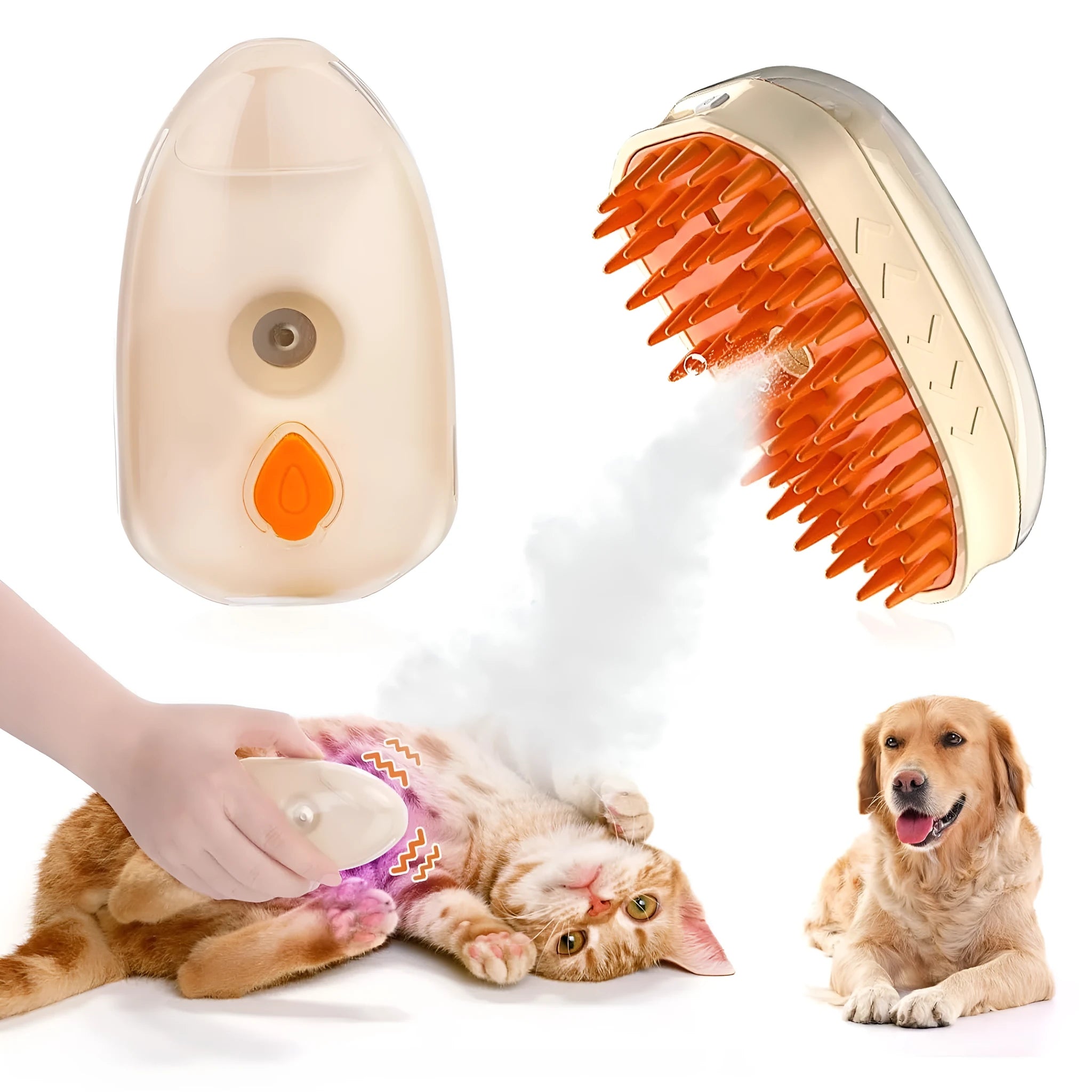 Yellow USB rechargeable 4-in-1 cat steam brush with soft silicone teeth, water tank, and ringworm detector lamp.
