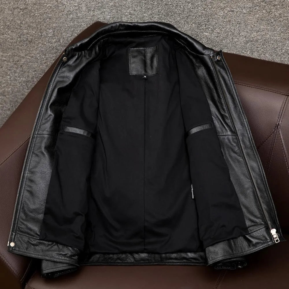 Men's black plus size lapel short leather jacket with side seam pockets, shown in a loose casual fit.