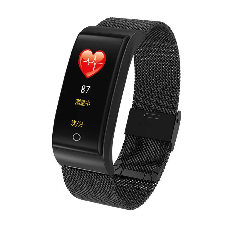 Fashion F4 smart bracelet with colour screen and tin alloy body in black, gold, and silver