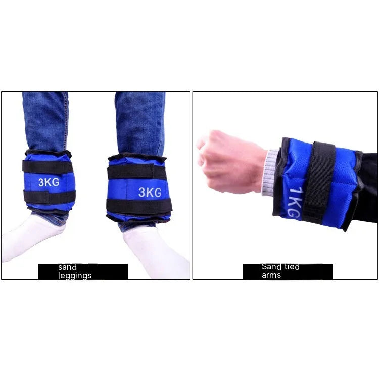 A pair of black Oxford cloth legging sandbags with straps, shown with weight options from 1kg to 6kg for athletic training.
