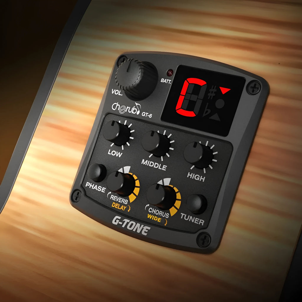 Black Cherub GT-6 acoustic guitar soundhole pickup with EQ knobs and effects controls.