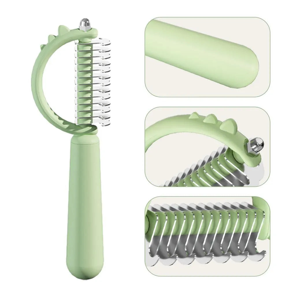 Blue dinosaur-shaped cat brush with double-sided grooming heads and self-cleaning button