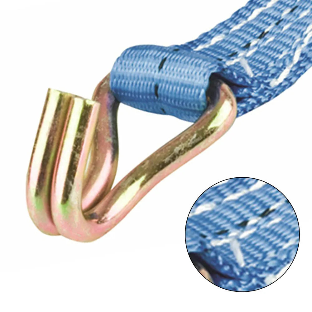 Ratchet tensioner double hook fastening strap with steel hardware and polyester webbing for cargo binding