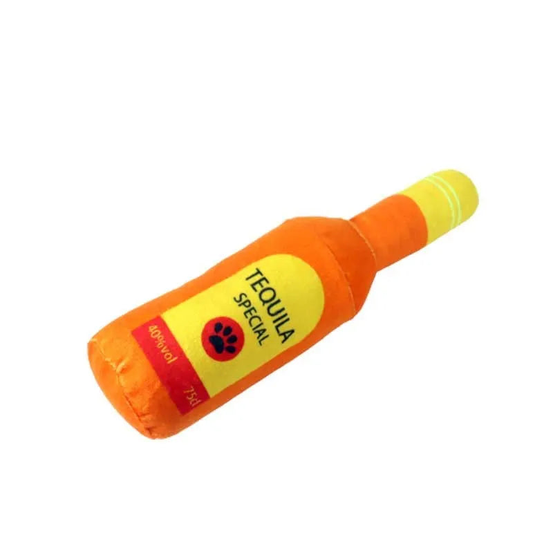 Plush wine bottle pet toy for dogs and cats in assorted colours