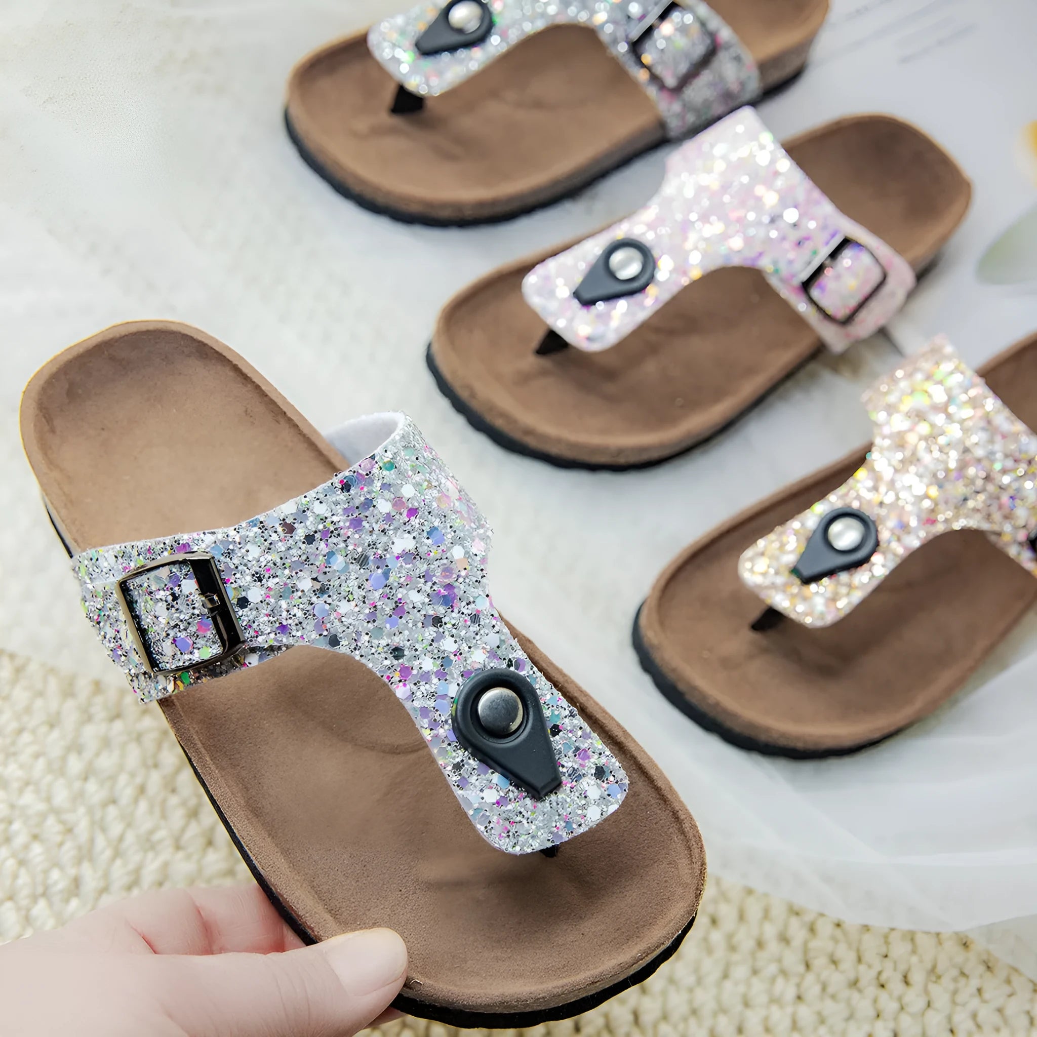 Gold cork flip-flops with a frosted artificial leather upper and a textured PVC sole.