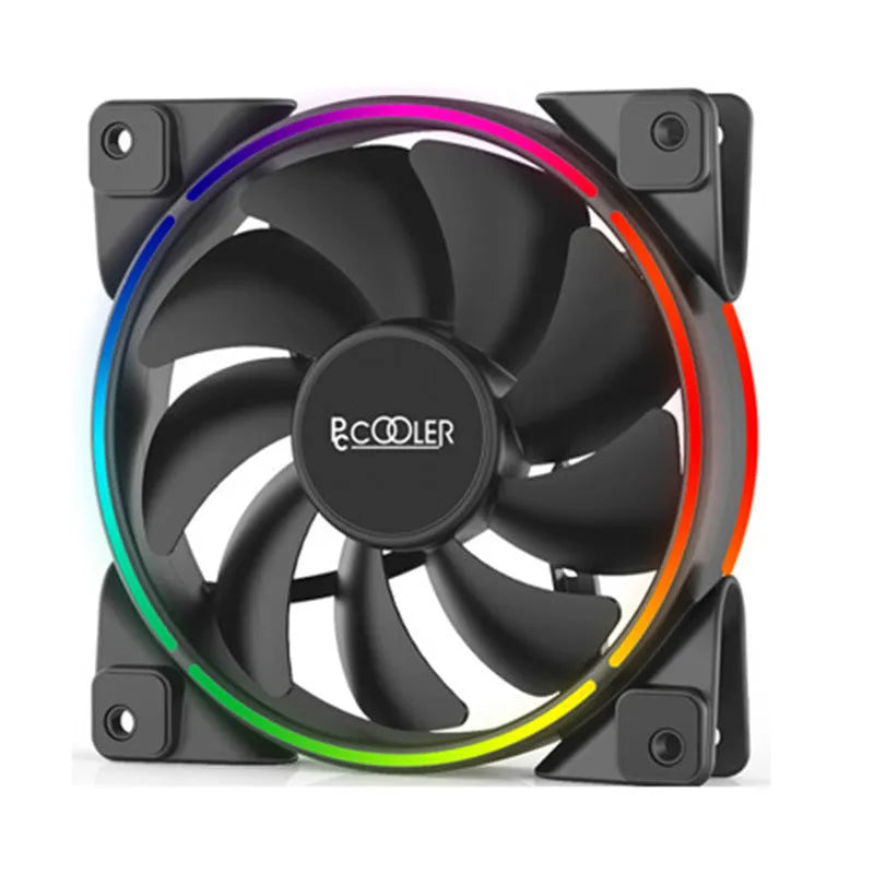 Three black 120mm RGB PC cooling fans with rotating blades and LED lighting