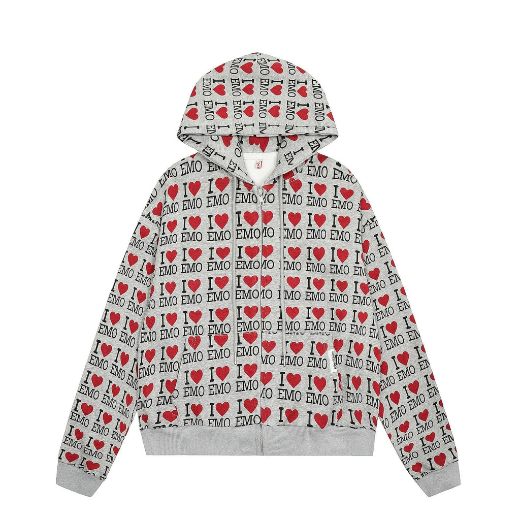 Women's melange grey hooded cardigan with retro pattern and long sleeves