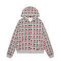 Women's melange grey hooded cardigan with retro pattern and long sleeves