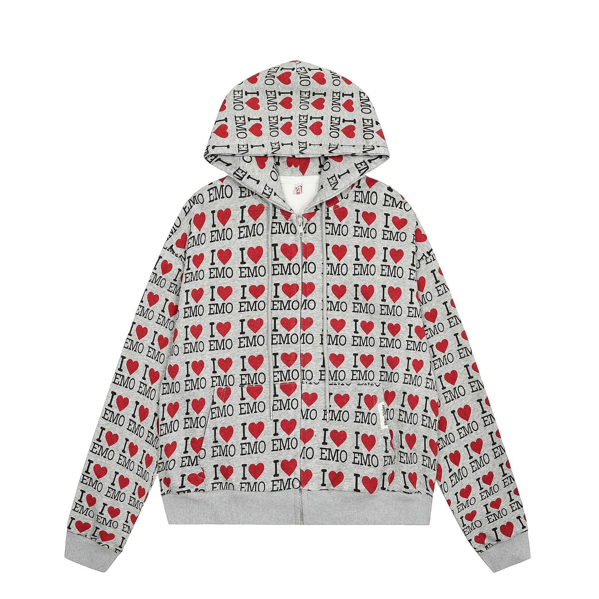Women's melange grey hooded cardigan with retro pattern and long sleeves