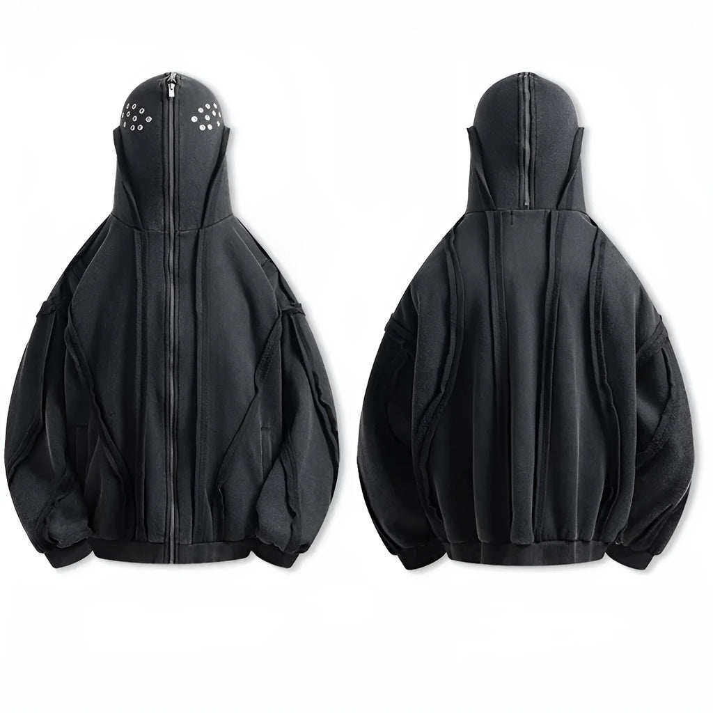 Black men's loose fit cotton padded hooded coat with zip front and abstract pattern