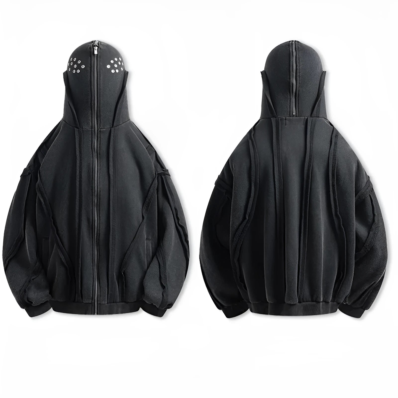 Black men's loose fit cotton padded hooded coat with zip front and abstract pattern