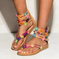 Ethnic style beaded petal sandals with round toe and floral design