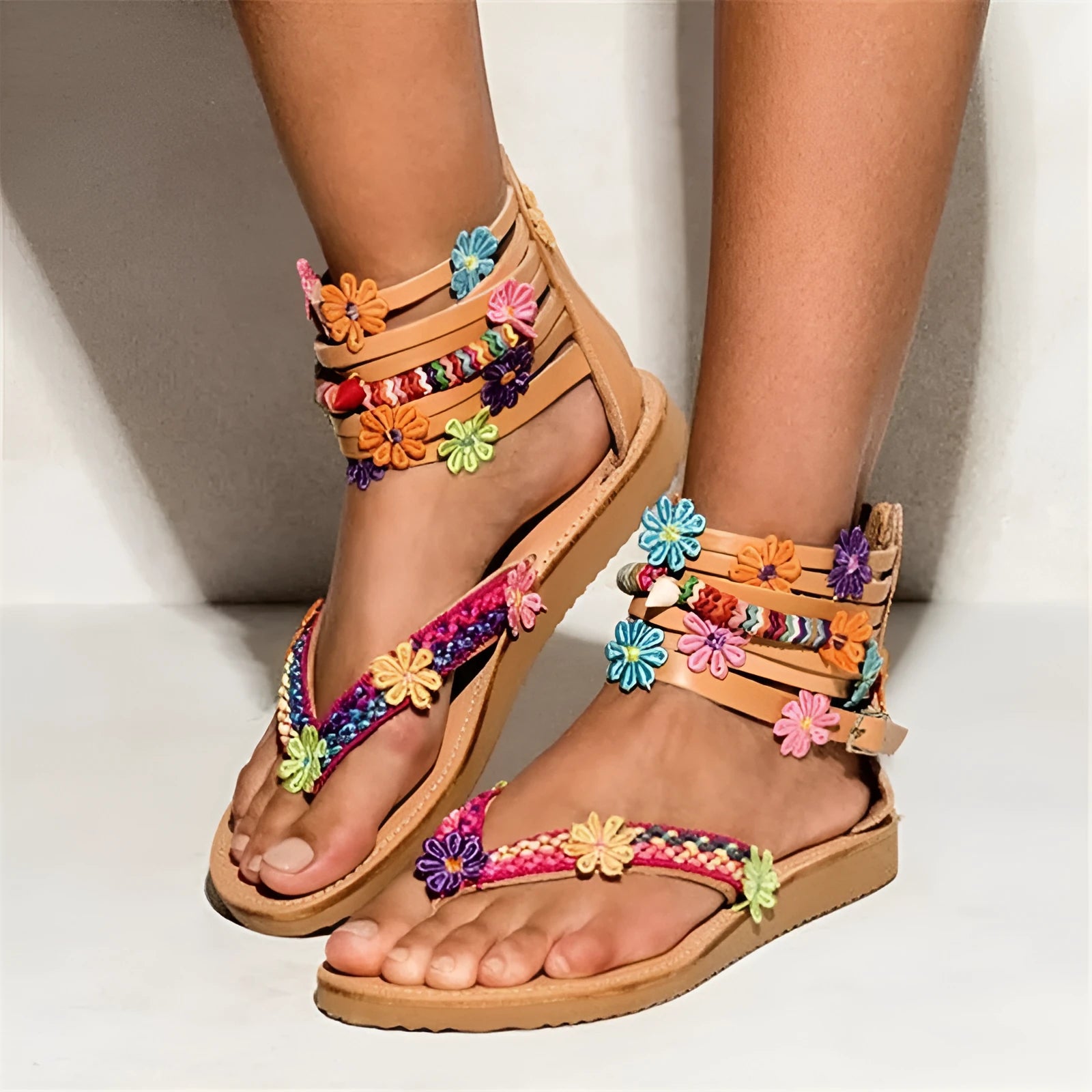 Ethnic style beaded petal sandals with round toe and floral design
