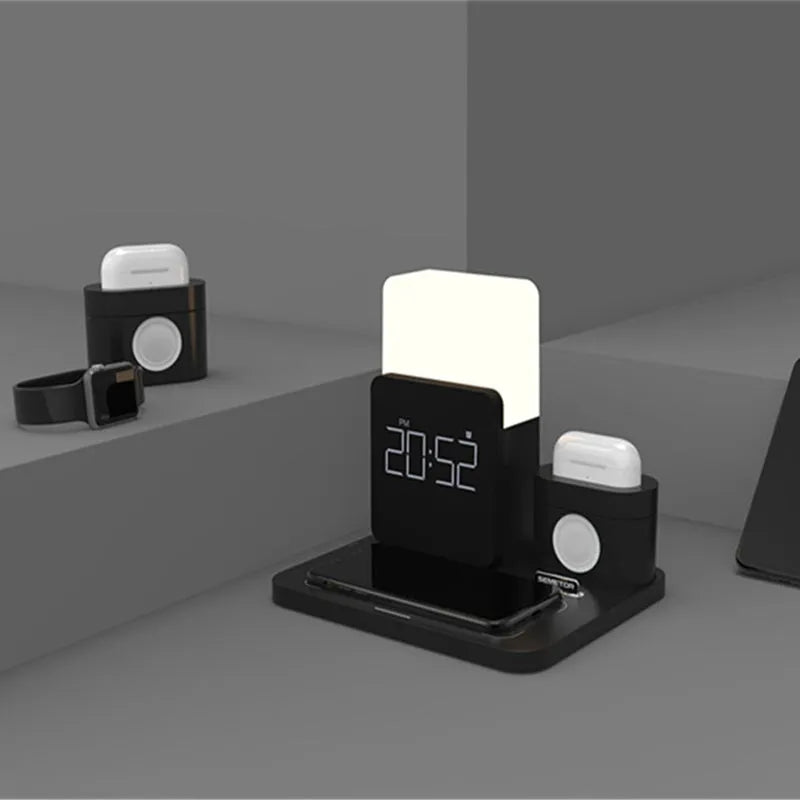 3-in-1 Qi wireless charger stand in dark green colour showing phone and smartwatch charging positions