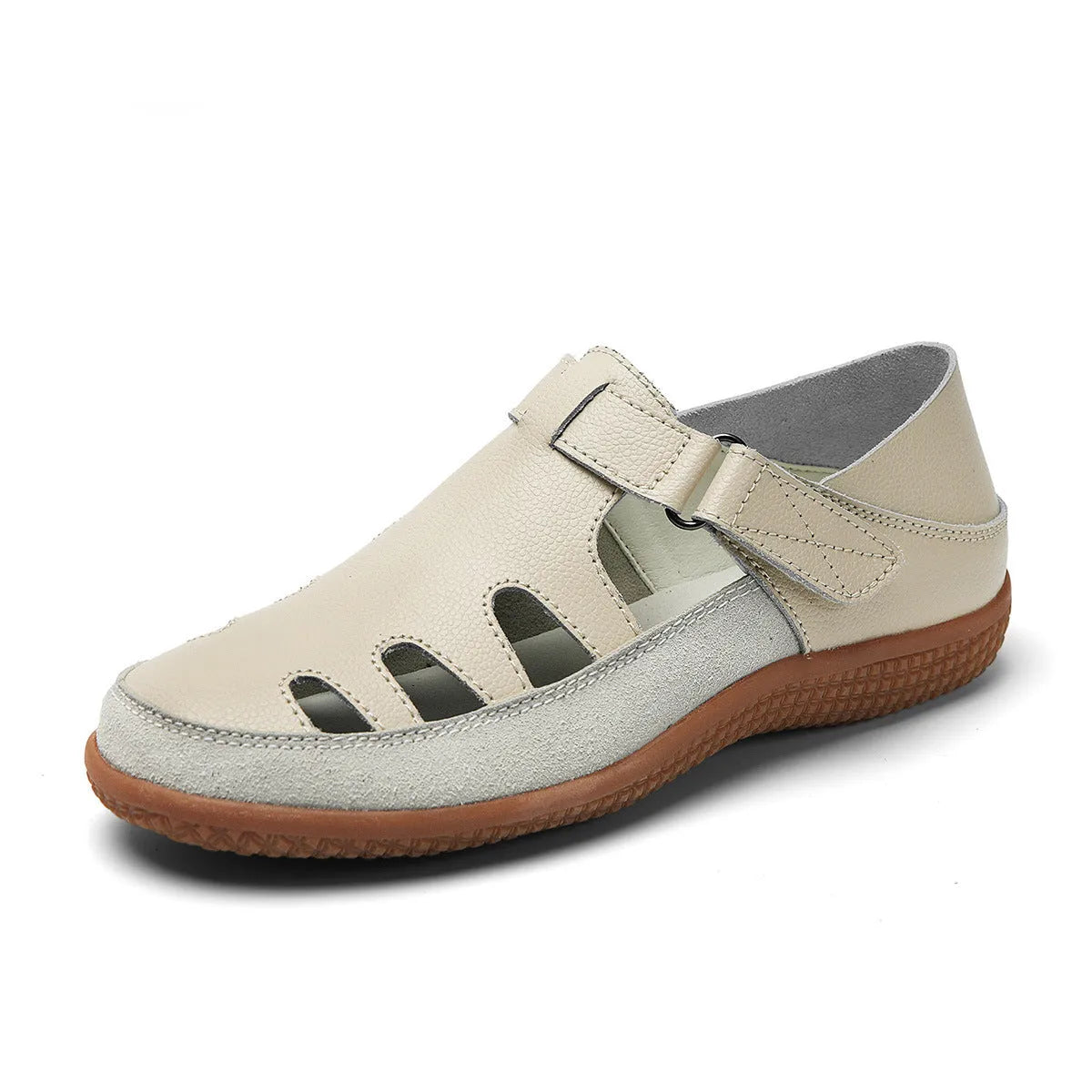 Women's plus size flat sandals with hollow breathable design and toe cap in blue colour