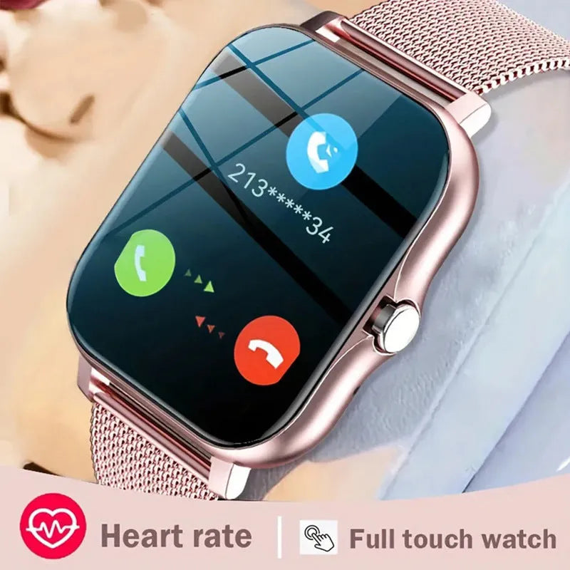 Smart watch with 1.44-inch touch screen showing heart rate and step count display on silicone wrist strap