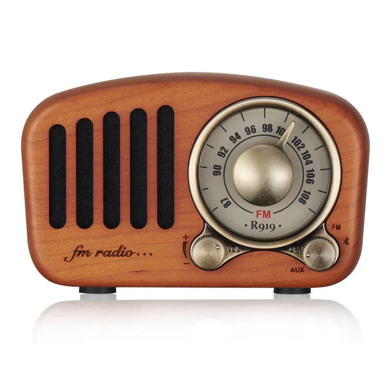 Retro wooden wireless mini Bluetooth speaker in cherry or walnut finish with compact dimensions
