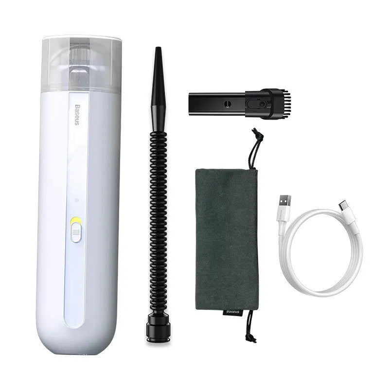 Wireless handheld car vacuum cleaner in black, white, or green with blowing hose attachment.