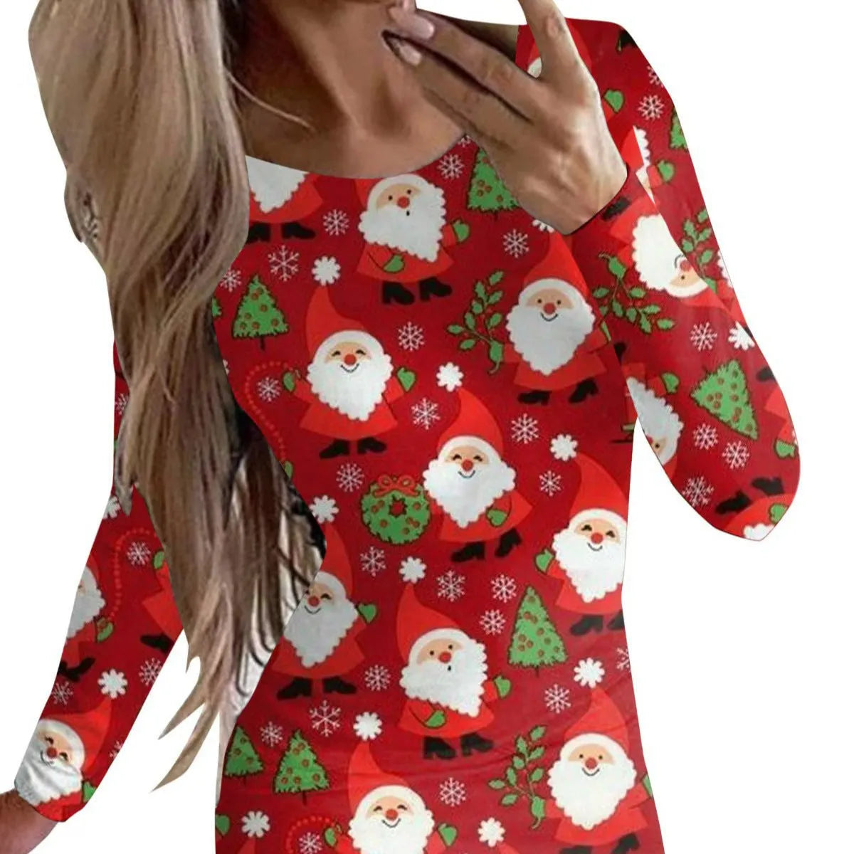 Women's Christmas printed polyester dress with animal pattern in floral colours, featuring round neck and long sleeves