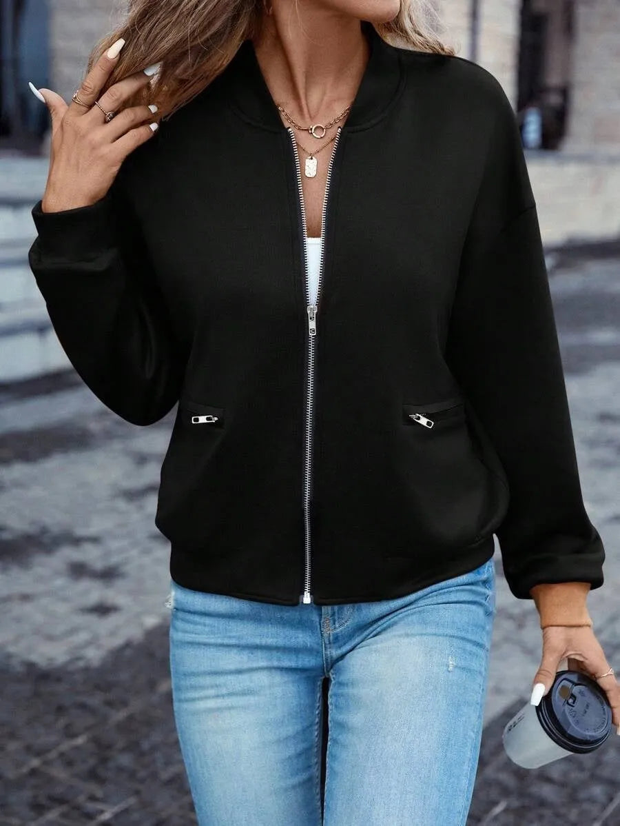 Black women's long sleeve zip jacket with faux pockets in a casual Korean style.