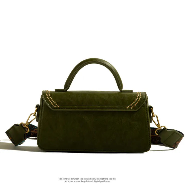 Brown retro messenger bag with square vertical design showing mobile phone and file compartments