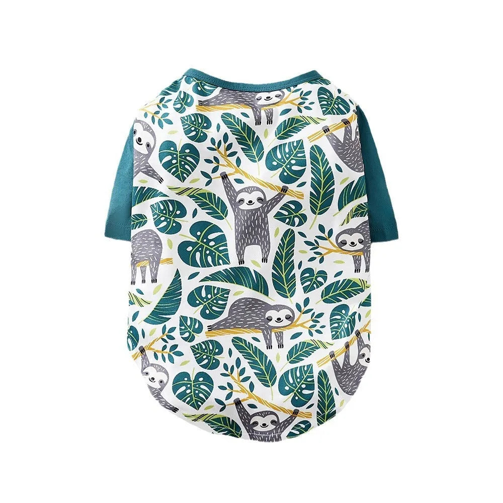 Polyester full printed t-shirt for small dogs showing colour options and weight-based sizing