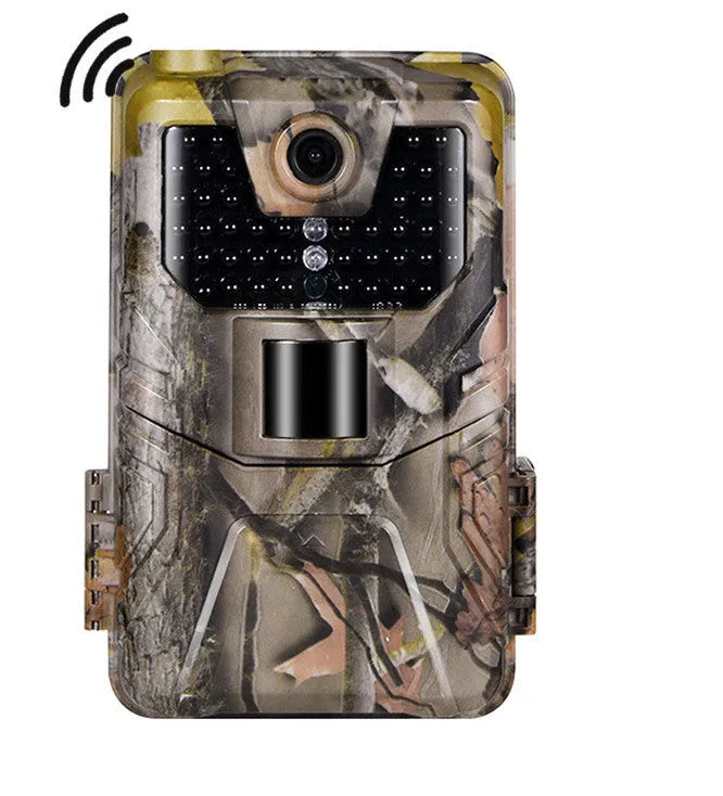 Compact camouflage outdoor Bluetooth hunting camera with infrared LEDs for night vision.