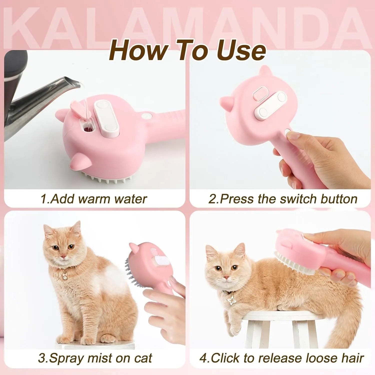 Blue cat steam brush with rubber bristles and misting function for pet grooming