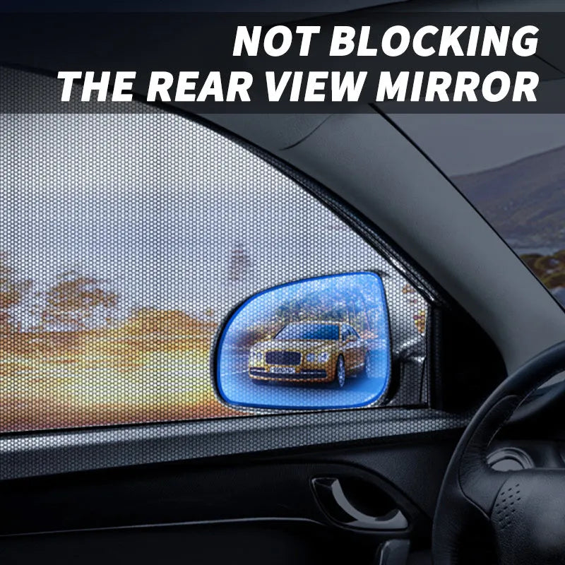 Non-woven fabric mesh car side window sun shade with elastic edge for front and rear windows.