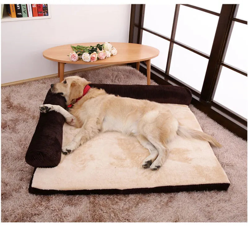 Corduroy dog bed sofa showing coffee colour option with non-slip base and four size variations