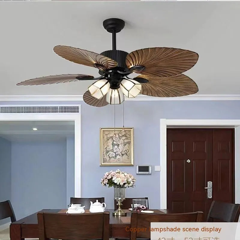 52-inch retro ceiling fan light with wooden blades and copper lampshade lighting