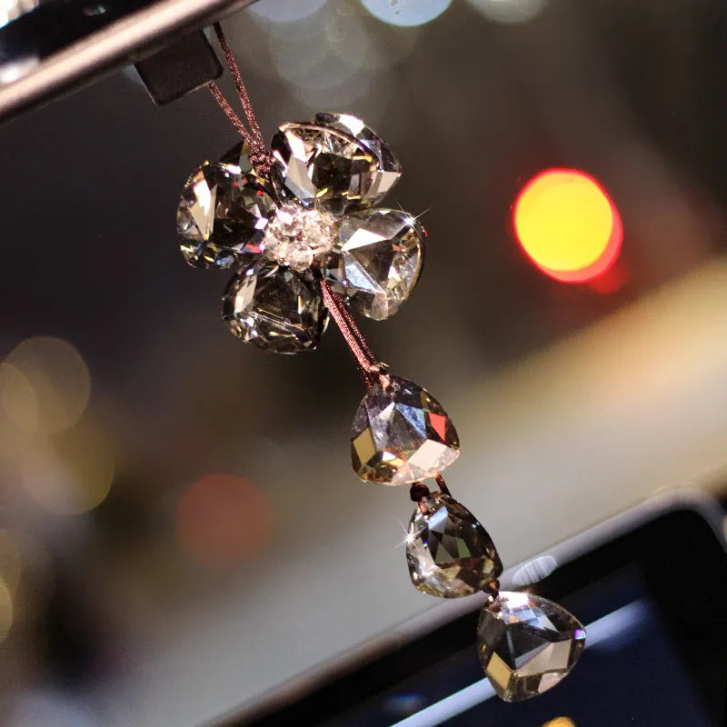 Crystal four leaf grass car pendant approximately 20cm in transparent, champagne, black or shiny finish